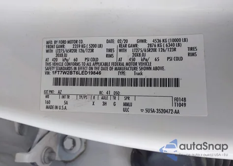 2020 Ford F-250 Lariat z USA, uszkodzony, nr VIN 1FT7W2BT6LED19846